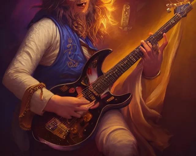 Image similar to photography of bard in a band shirt playing an electric guitar at a tavern concert, 8 k, deep focus, d & d, fantasy, intricate, elegant, highly detailed, digital painting, artstation, concept art, matte, sharp focus, illustration, hearthstone, art by artgerm and greg rutkowski and alphonse mucha