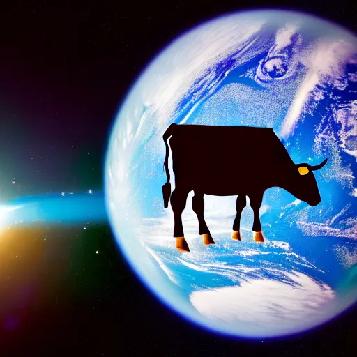 Prompt: wide angle view, colored photo of a cow wearing circle crown, in space, orbiting earth in the background, photorealistic, nikon z 1 4 - 2 4 f 2. 8 s, digital art by nasa and james webb telescopy, 8 k