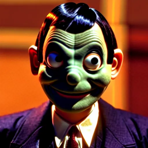 Image similar to mr. bean as the mask from the mask movie. movie still. cinematic lighting.