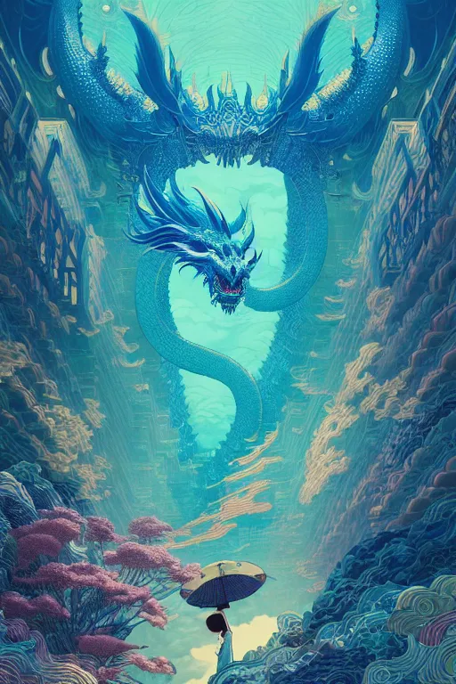 Image similar to a beautiful hyperdetailed design 4 k wallpaper illustration of a huge cyan dragon, victo ngai style, from china, style of studio ghibli, makoto shinkai, raphael lacoste, louis comfort tiffany, denoise, deblurring, artgerm, xision, james jean, ross tran, chinese style