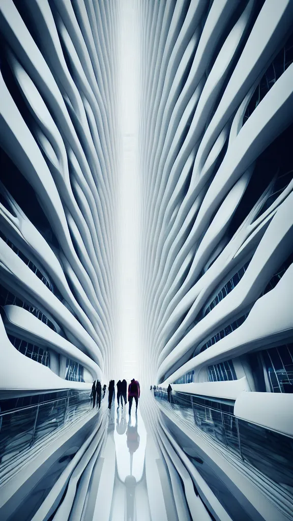 Image similar to the inside of a very tall building, big pods, big windows, octane render, warm colour scheme, white, cyberpunk architecture by zaha hadid, cinematic, scenery, unreal engine, render, cgsociety, modernism, futuristic, artstation, sci - fi, high detail, high quality, close up angle, people walking