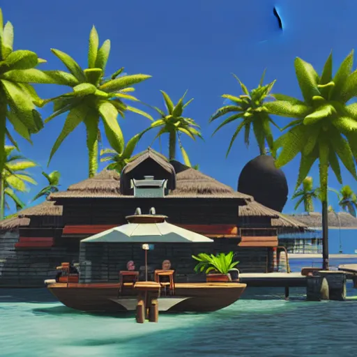 Prompt: a final fantasy styled restaurant, realistic, tropical, island, 8k, architecture ,Galdin Quay