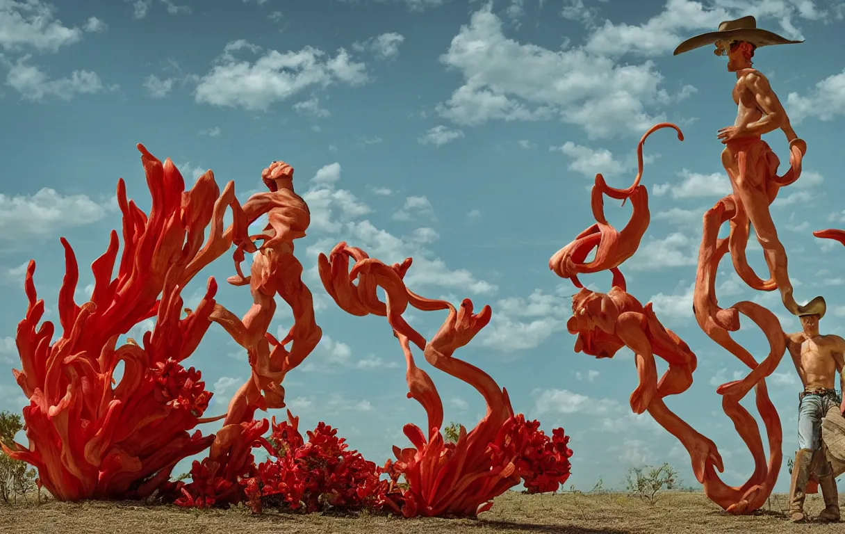 Image similar to a cowboy turning into blooms. tropical sea slugs, tractor tires. complementary colors. national geographic. 8 k, rendered in octane, smooth gradients. sculpture by antonio canova. red accents. by slim aarons, by zhang kechun, by lynda benglis