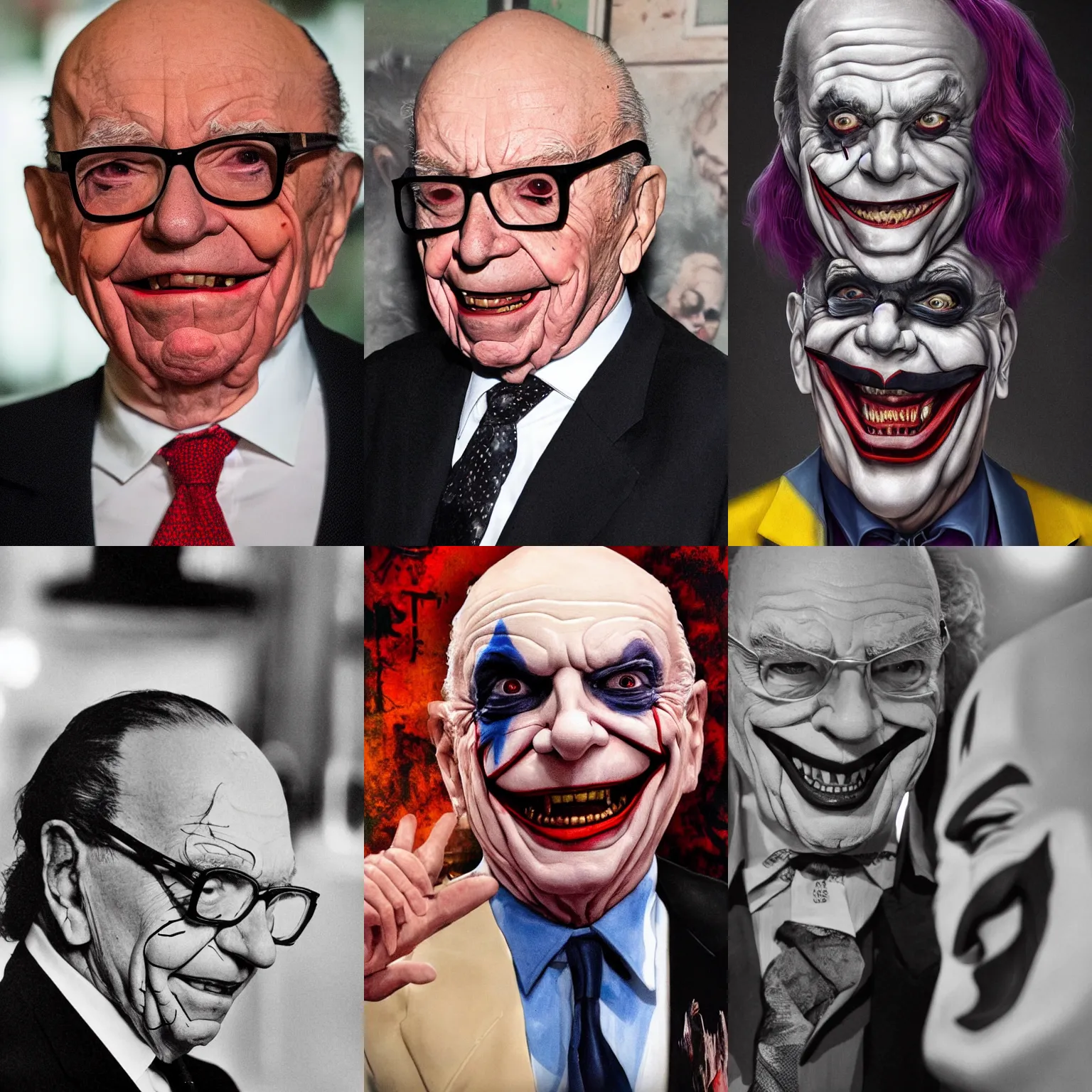 Prompt: Rupert Murdoch as the joker, hell in the background, portrait photograph