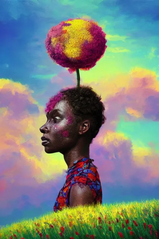 Image similar to closeup, giant flower as head, african woman in heather field, surreal photography, golden hour, colorful clouds, impressionist painting, digital painting, artstation, simon stalenhag
