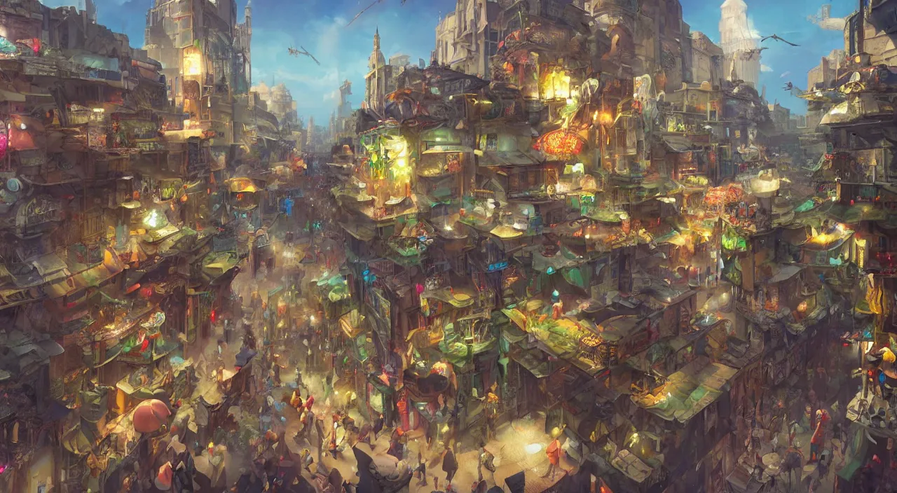 Image similar to bazaar zouk oriantal place mosquet multicolorful sky shine matte painting, street art, trending on artstation, by huang guangjian and gil elvgren and sachin teng