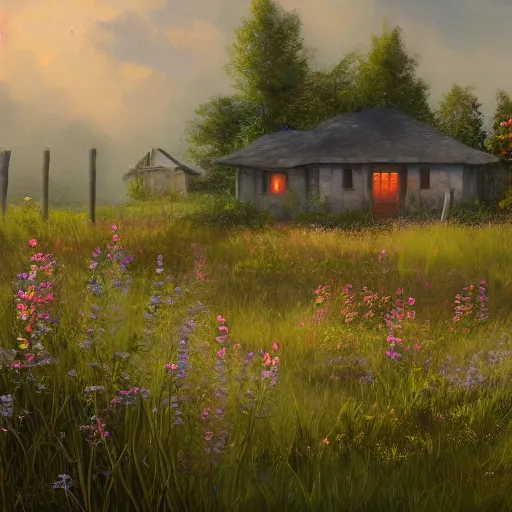 Image similar to a matte painting of a prairie, cottage close up, river, overgrown, patchy flowers, oil painting, pale colors, high detail, 8 k, wide angle, trending on artstation,