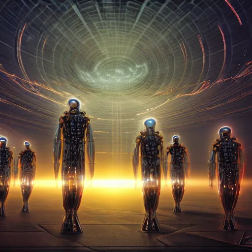 Image similar to love, joy, realistic textured magnetosphere humanoids, complex cybernetic glowing vortexes, large array, ornate, cinematic light shadows, hdr refractions, insanely detailed rendering, cybernetic civilisations, 8 k, *