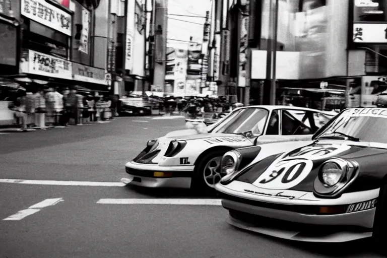 Image similar to single racecar 1 9 8 8 9 1 1, movie still, vintage footage on tokyo streets, volumetric lighting, f 8 aperture, cinematic eastman 5 3 8 4 film