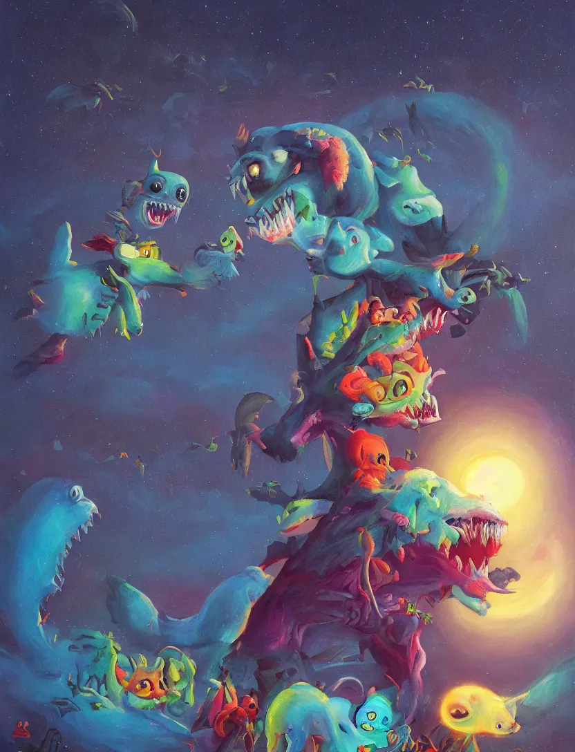 Prompt: bright dramatic lighting colorful oil painting titled'mama here comes midnightwith the dead moon in its jaws ', magical realism folk art cute, portrait of hybrid animal protagonist in a rural area, highly detailed, painted by pixar and studio ghibli, shocking detail trending on artstation 8 k