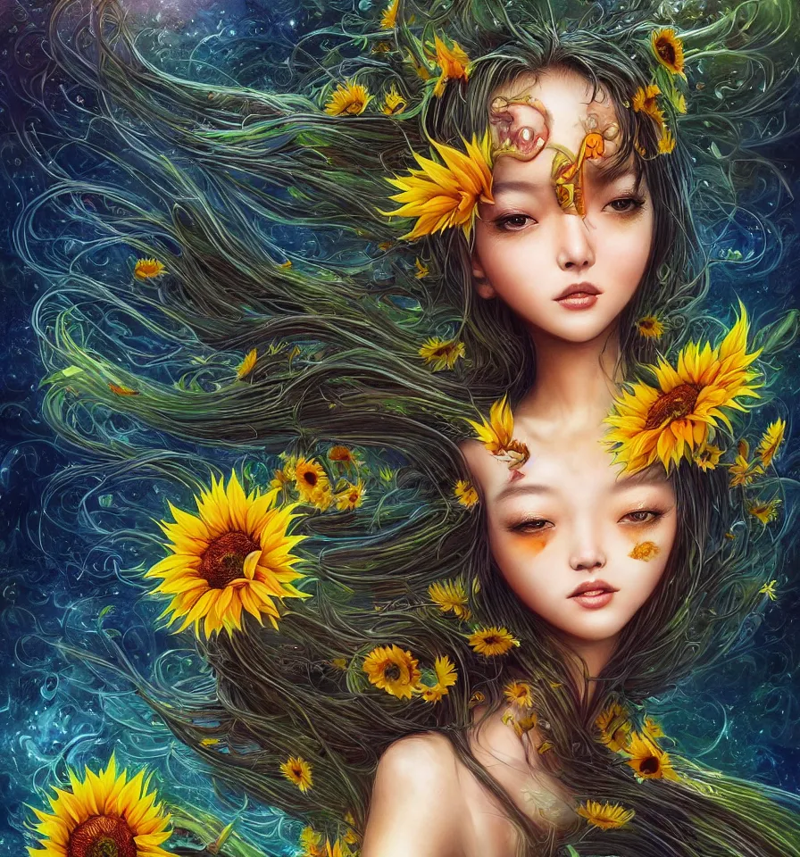 Image similar to a cute sunflower nymph of east - asian descent, created by antonio j. manzanedo, giger, alex grey, android jones, wayne barlowe, philippe druillet, raymond swanland, cyril rolando, josephine wall, harumi hironaka, trending on artstation