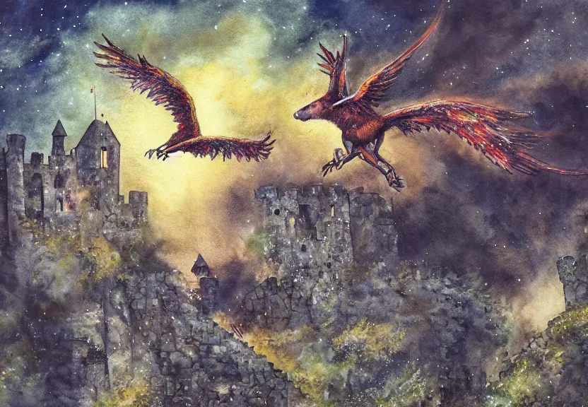 Image similar to legendary fire winged possum flying over a medieval forest castle at night under the dark starred sky, dark fantasy, watercolor, dreaming illusion, highly detailed, 4k, trending on Artstation