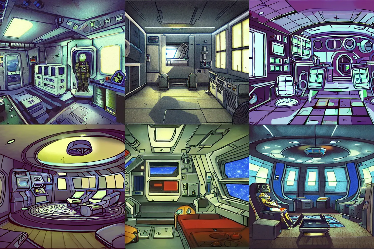Prompt: Concept art of inside an officer's living quarters on a spaceship, from a space themed point and click 2D graphic adventure game, made in 1999, high quality graphics