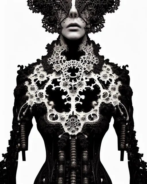 Image similar to surreal dark poetic black and white photo portrait of complex bio-mechanical beautiful young female vegetal-cyborg with a Mandelbrot fractal steampunk metal fine lace face, a very long neck and a fine metal floral foliage super big lace collar by Alexander McQueen:: smoke, high fashion, haute couture, rococo, steampunk, silver filigree details, anatomical, facial muscles, cable wires, microchip, elegant, dreamy, foggy atmosphere, hyper realistic, 150 mm lens, soft rim light, octane render, unreal engine, picture was taken in 1910 by Man Ray, volumetric lighting, dramatic light,8k,