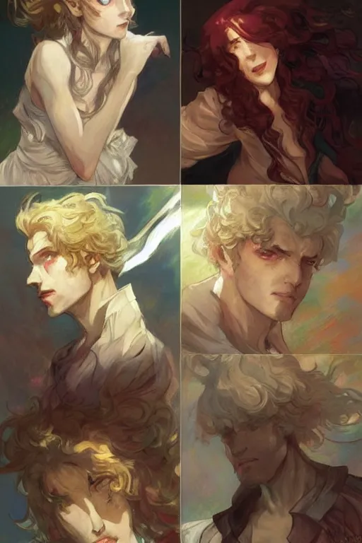 Image similar to enjolras from les miserables, ray of light, shimmering and prismatic, rococo, by krenz cushart and mucha and monet, trending on artstation.