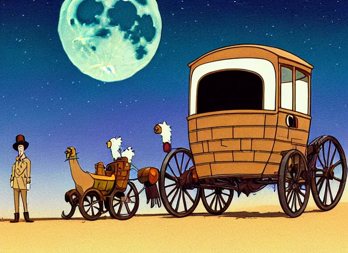 Image similar to a cell shaded cartoon of a stagecoach being pulled by two ostriches from howl's moving castle ( 2 0 0 4 ), on a desert road, lamp posts, in front of a pale full moon, full body, wide shot, very dull muted colors, studio ghibli, highly detailed, deviantart, art by artgem