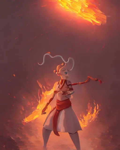 Prompt: [ squidward ] wearing fire nation clothing and practicing firebendingoutside at susnset, oil painting, highly detailed, intricate, hd, sharp focus, photorealistic, by moebius and greg rutkowski, trending on artstation, trending on cgsociety, realistic shading and lighting