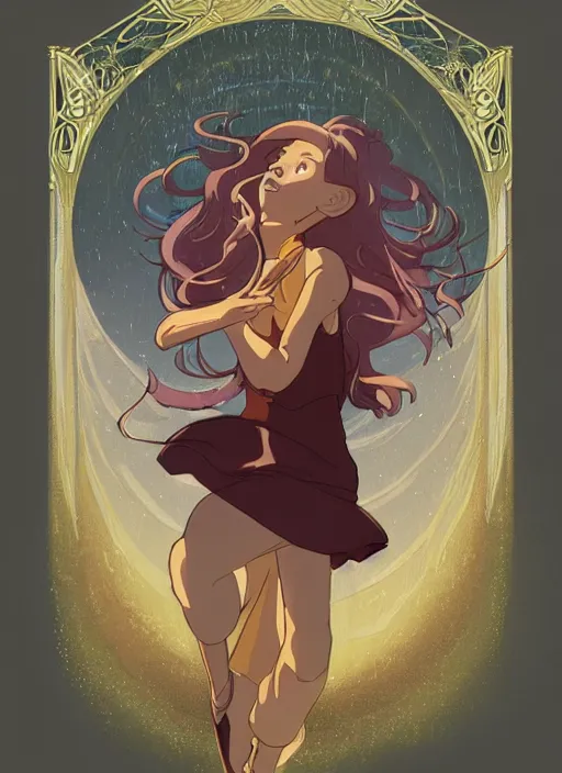 Image similar to well - lit art nouveau portrait of a 1 3 - year old girl dancing in the rain, natural lighting, path traced, highly detailed, high quality, cartoon, digital painting, by don bluth and ross tran and studio ghibli