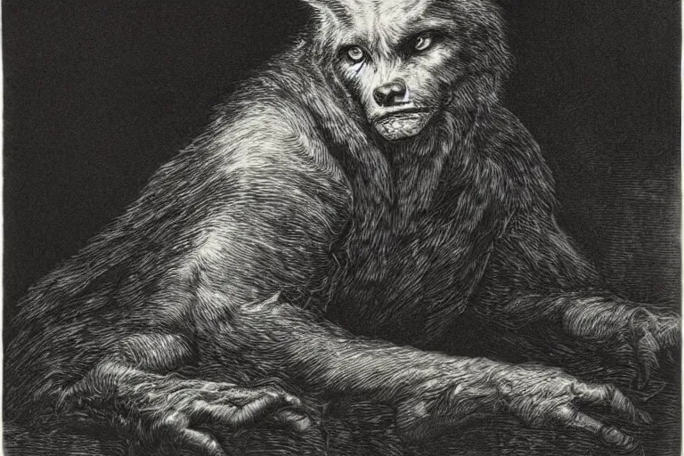 Image similar to werewolf portrait, Gustave Dore lithography