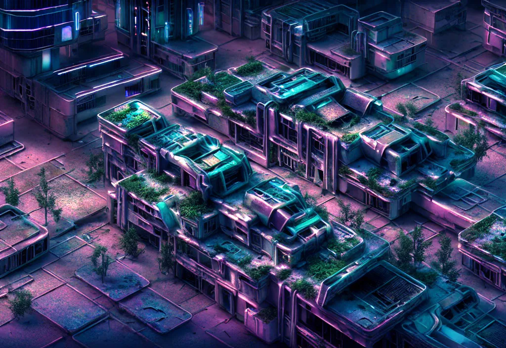 Image similar to A highly detailed crisp unreal engine render of aerial drone photo of A beautiful futuristic cyberpunk abandoned dystopia city building with neon fine lights, plants allover , godray, sunlight breaking through clouds, clouds, debris on the ground, abandoned machines bright colors, isometric, nitid horizon, factory by wangchen-cg, 王琛,Neil blevins, artstation, Gediminas Pranckevicius