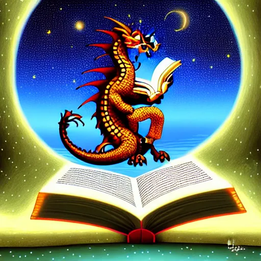 Image similar to dragon reading a book underneath the stars, digital art, beautiful, detailed, vivid