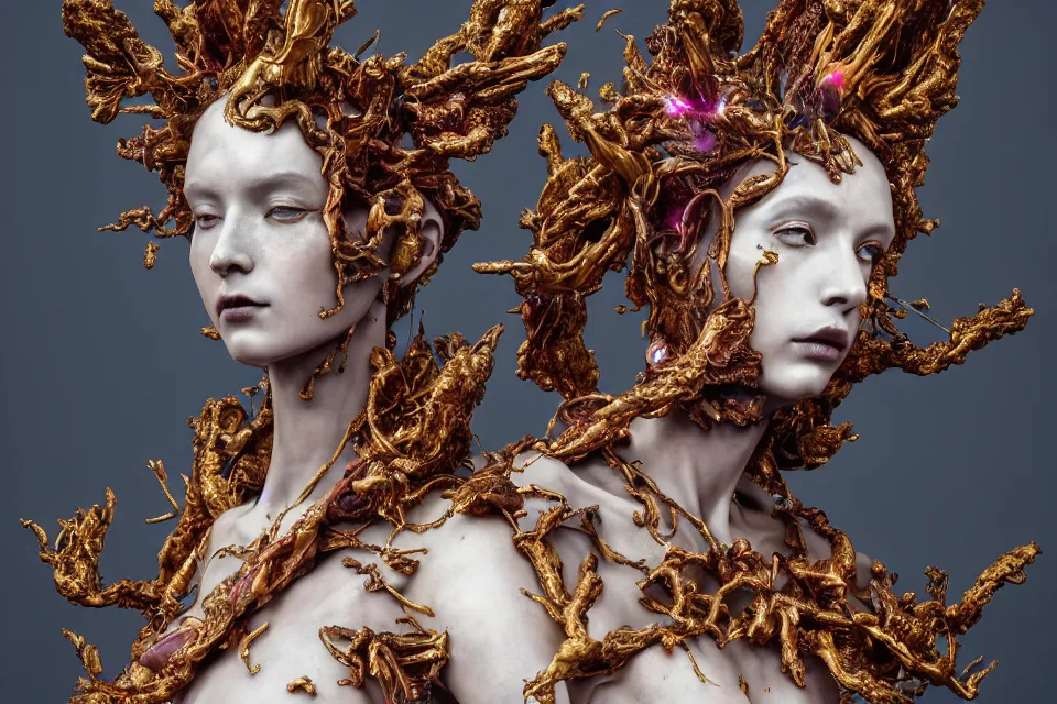 Prompt: Cinestill of A heartbreaking realistic 8k Bernini Sculpture of a stunning intricate cracked multicolored milky cosmic marble Evangelion Fallen Angel Devil Queen adorned in sentient mycelium mystical jewelry and ancient Empress crown and misty xparticles. by Yoshitaka Amano, Daytoner, Greg Tocchini, Scattered golden flakes, Hyperrealism. Subsurface scattering. Octane Render. Weirdcore, perfect face.