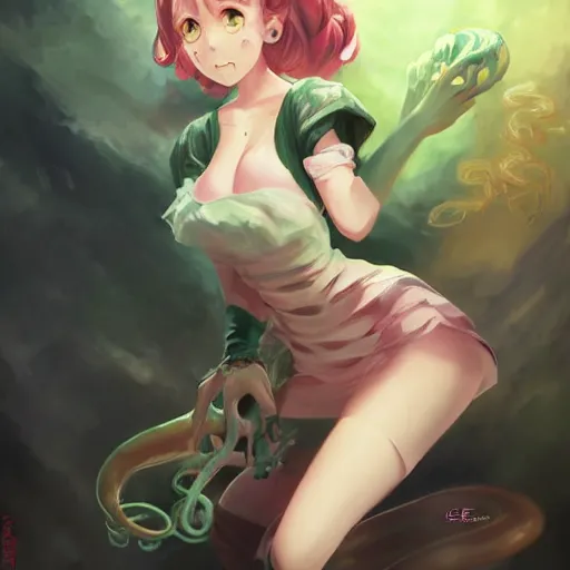 Image similar to cthulhu humanisation as a cute anime girl, by rossdraws, wlop, gil elvgren, enoch bolles