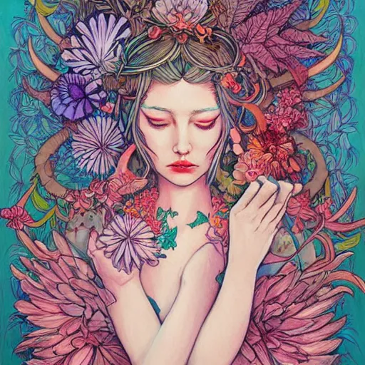 Image similar to goddess of plant medicine art by james jean and art by loish highly detailed painting trending on arstation vivid colors earth spirit