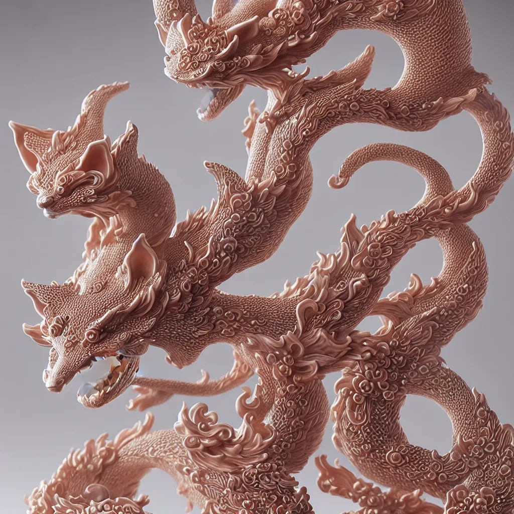 Image similar to a single close up photo - real delicate ceramic porcelain sculpture of an ornate kitsune detailed in front of an intricate background by victo ngai and takato yamamoto, micro detail, backlit lighting, face in focus, subsurface scattering, translucent, thin porcelain, octane renderer, colorful, physically based rendering, japanese pottery, trending on cgsociety