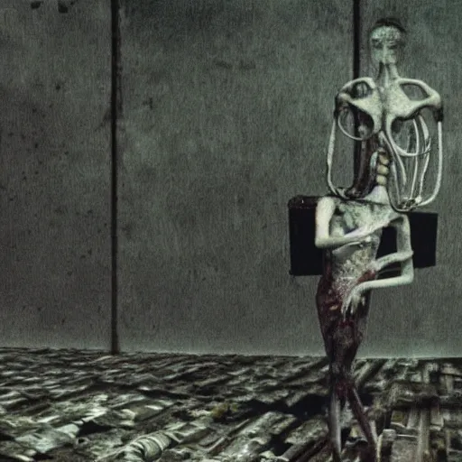 Prompt: 3 5 mm color photography, joel - peter witkin, beksinski, and stephen gammell, video still of glitch nightmare