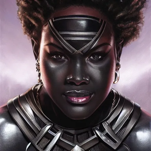 Image similar to portrait painting of a muscular bloodied black girl in a black panther suit, ultra realistic, concept art, intricate details, eerie, highly detailed, photorealistic, studio lighting, octane render, 8 k, unreal engine. art by artgerm and greg rutkowski and alphonse mucha