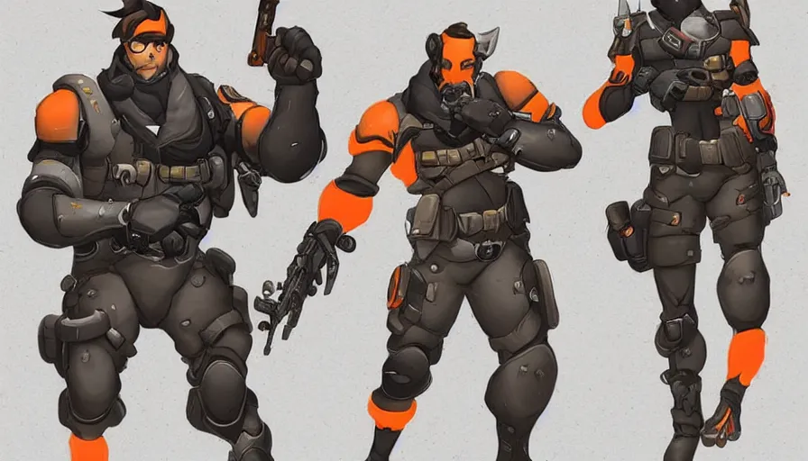 Image similar to Concept art for new overwatch character: The Sabotuer, French Special Ops, Short, Nimble, Spy, Uses Explosives, Planted Charge, C4 Explosive, Roguish, and Hand Grenades, Anti-tank Rifle, Dark Humor, Male, Rugged, Dagger, High-tech, Fast, Black and Orange