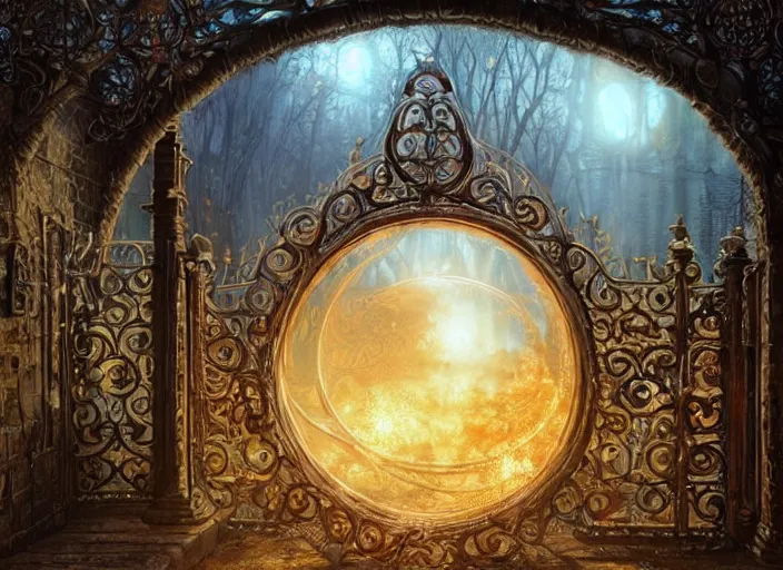 Image similar to large rustic intricately decorated cast iron gate, a view to an eerie fantasy world, golden glowing sphere, ethereal back light, mist, coherent composition, detailed fantasy painting by artgerm, noriyoshi ohrai, yuumei