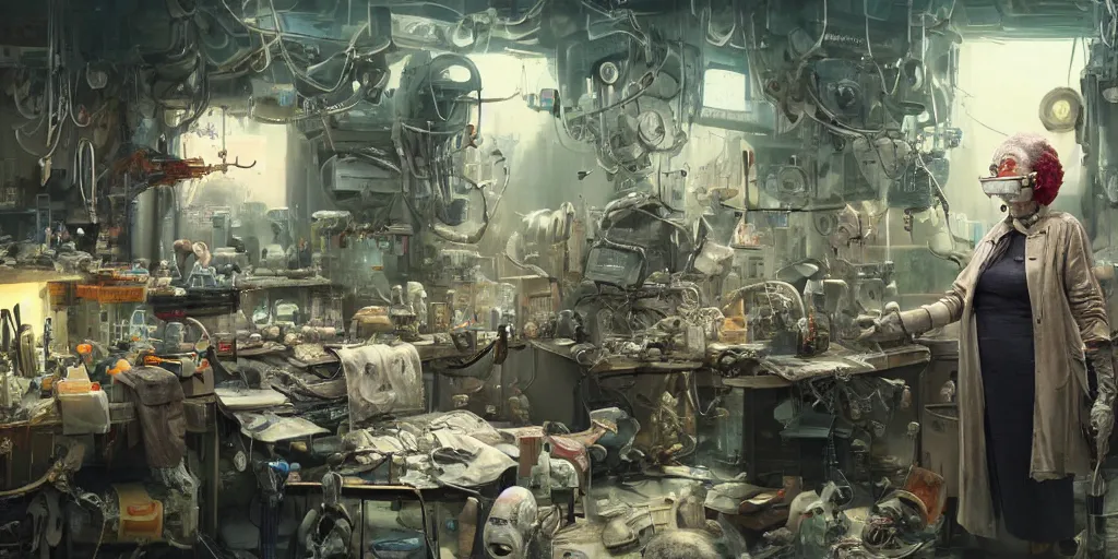 Image similar to an environmental concept art of an elderly woman cyberneticist in a cluttered workshop, surgical implements, surgery theatre, robotic arm, blood spatter, highly detailed, cinematic, dramatic, cyberpunk, dieselpunk, scifi space station, horror, bladerunner 2 0 4 9