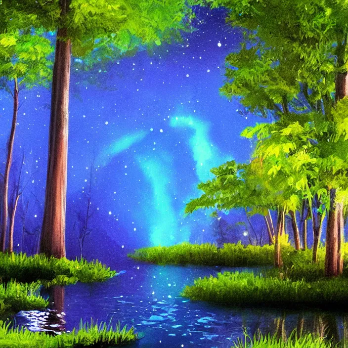 Image similar to lake trees night fireflies glowing above water digital painting concept art