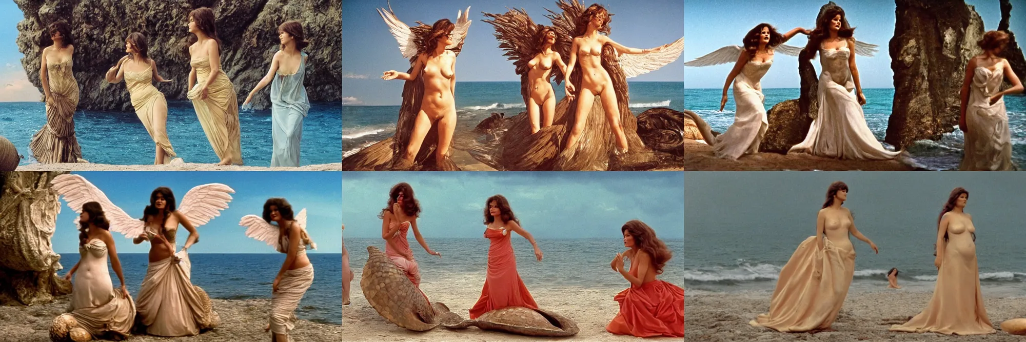 Prompt: Still of an Italian movie (1974) showing Claudia Cardinale standing up on a large shell in front of the sea in the style of the Birth of Venus. Two angels come on both side to offer her a dress. Technicolor, cinematic, intricate