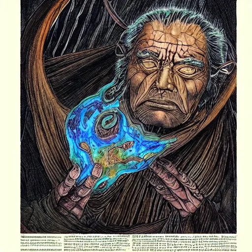 Prompt: very old shaman burns from inside, old gray haired mexican mage close his eyes no pain, watercolor ink painting, in the style of jean giraud, in the style of moebius, detailed realistic hd 8 k high resolution