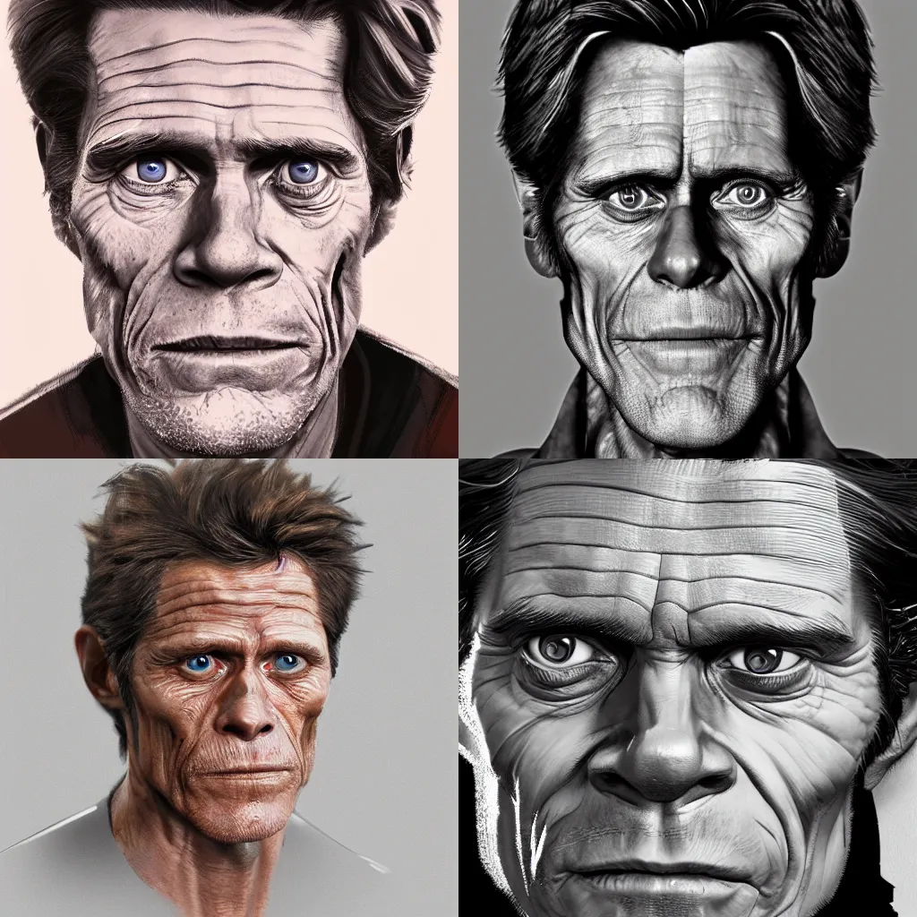 Prompt: A portrait of Willem Dafoe, face in focus, highly detailed, trending on ArtStation