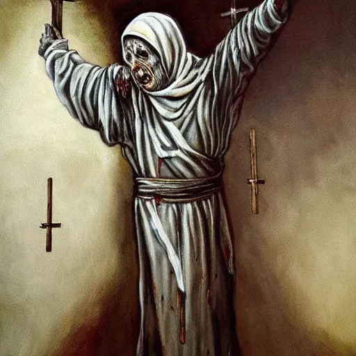 Image similar to a hyperrealistic painting of mother theresa as a zombie at jesus'crucifixion, by santiago caruso, highly detailed, sharp focus,