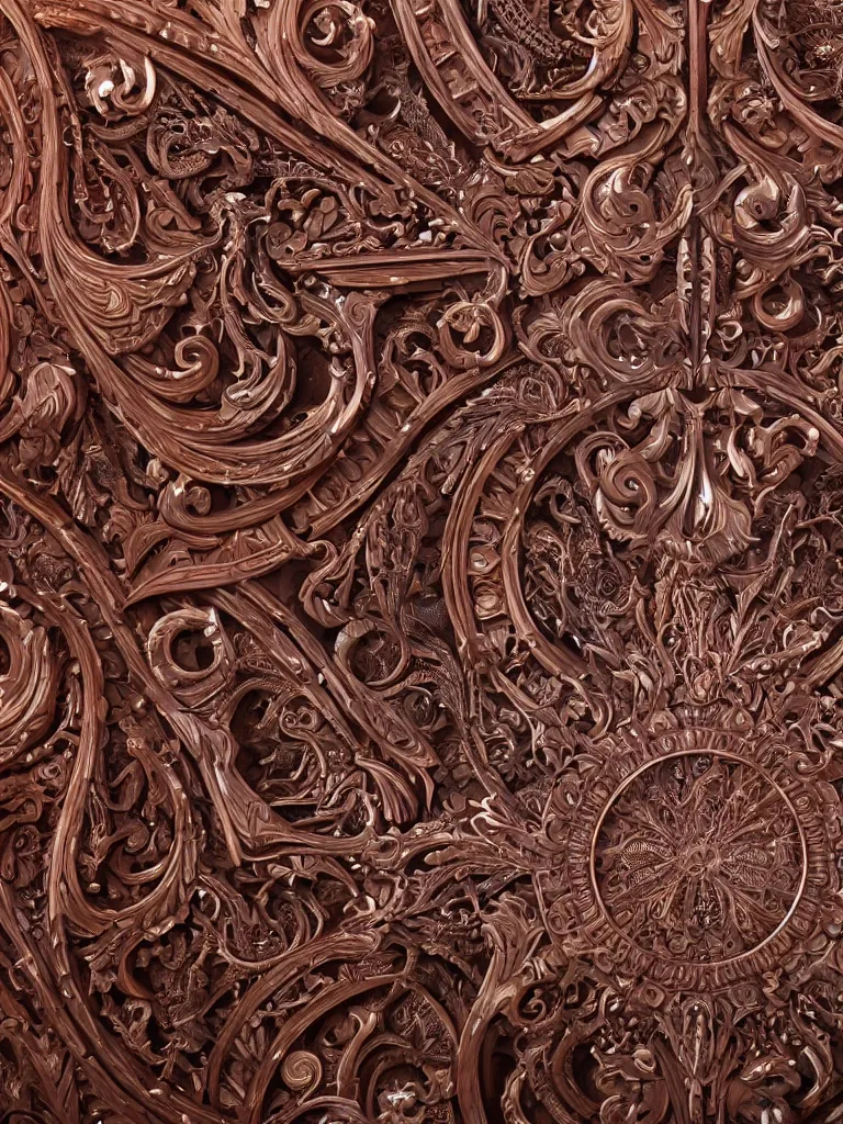 Prompt: wood carving in mahogany of an intricate design pattern of revolvers and rifles, biomechanical fluid, dramatic lighting, hyperrealistic, ultrarealistic, intricate details, 4k, unreal 5, digital art