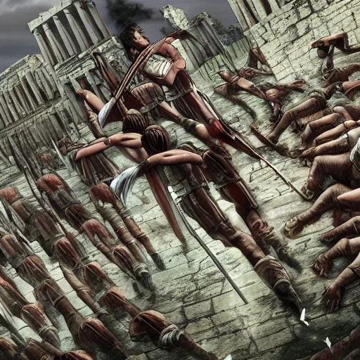 Prompt: Still from Attack On Titan Titan invasion of Ancient Athens, Anime intricate, 8k highly professionally detailed, HDR, CGsociety