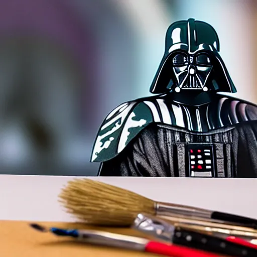 Image similar to large Darth Vader holding a paintbrush which diligently paints miniature figures of a space marine from Warhammer 40,000 at a table with a bright lamp, realism, depth of field, focus on darth vader,