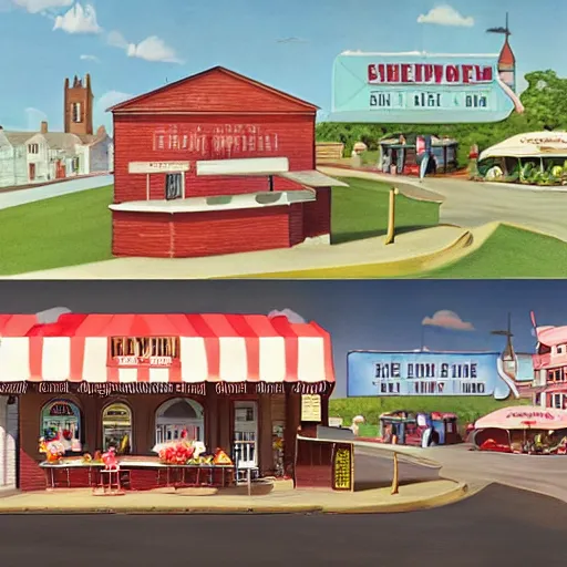 Prompt: digital matte glossy painting nostalgic 1 9 5 0 s ice cream shoppe and village britain, detailed in the style of trevor mitchell