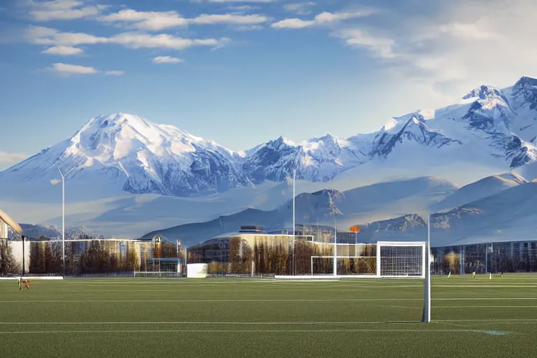 Image similar to architecture photo modern fachwerk footbal field with Elbrus mountain on the background, architecture, photorealism 8k , shining and happy atmosphere, uplight, high details