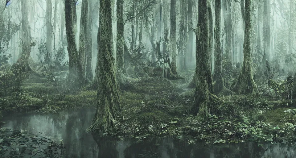 Image similar to A dense and dark enchanted forest with a swamp, with Octane