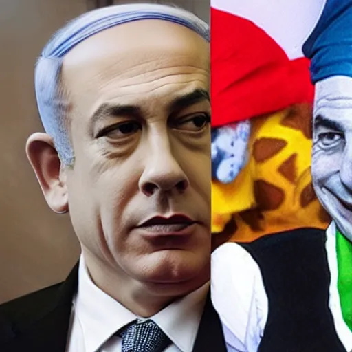 Image similar to Bibi Netanyahu dressed as a jester