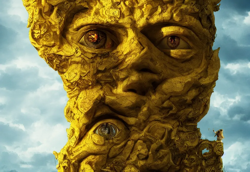 Prompt: wide shot of the floating face of a god with a million eyes on the top of a pillar, digital art, trending on artstation, yellow color palette, dynamic composition, realistic clouds, 4k, 8k