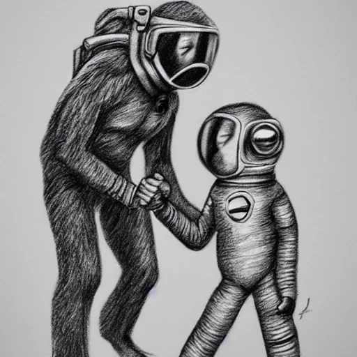 Image similar to pencil art, portait, highly detailed, epic, astronaut monkey holding hands with astronaut.