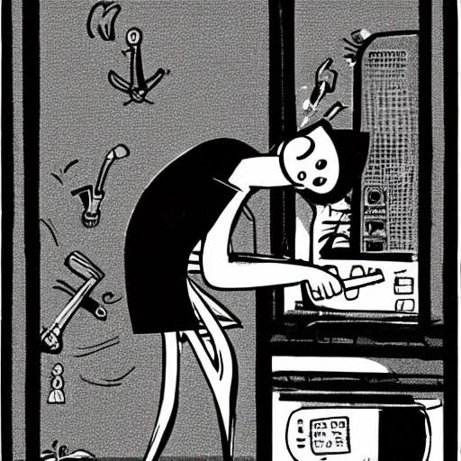 Image similar to a black and white photograph of a cartoonist destroying a computer with a baseball bat, in the style of gary baseman, robert crumb, photorealism, high contrast, soft lighting, film photography