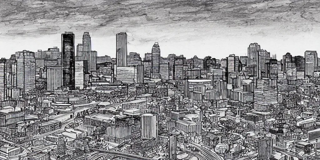 Image similar to little rock arkansas, city skyline, landscape, ultra detailed, ink sketch